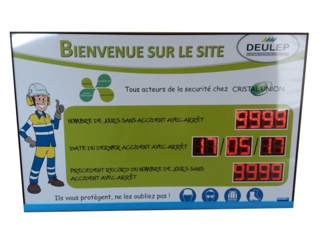 Panneau d'affichage des jours sans accident du travail sur site Deulep - Cristal Union